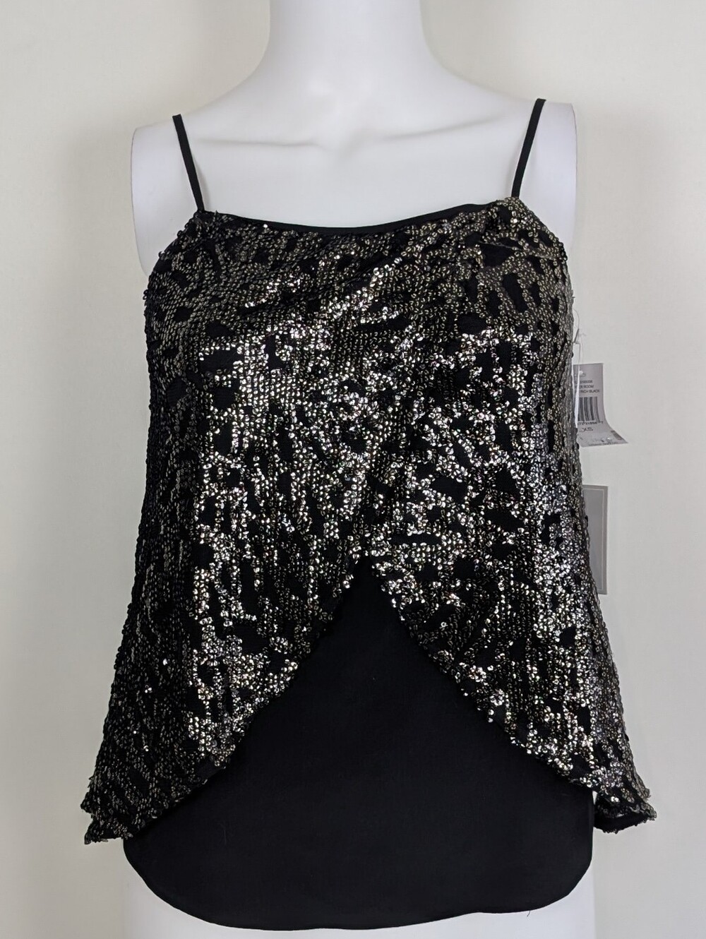 1. State Black and Gold Sequin Spaghetti Strap Tulip Tank Top